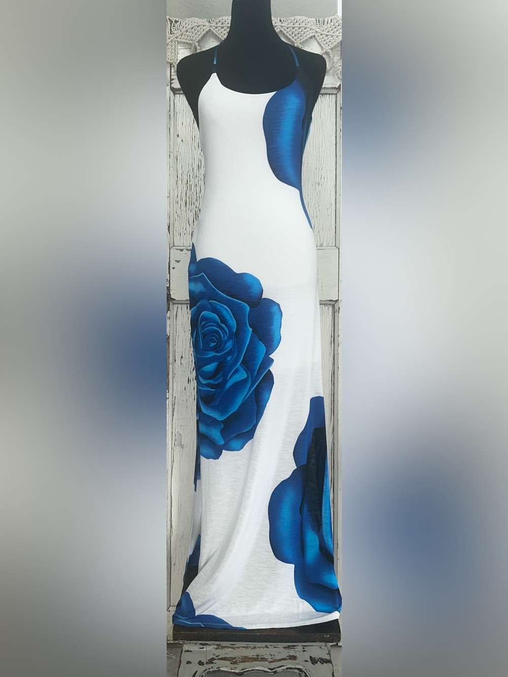 Boho Halter Maxi Dress with Bold Blue Rose Print on White Background - Picture 6 of 10